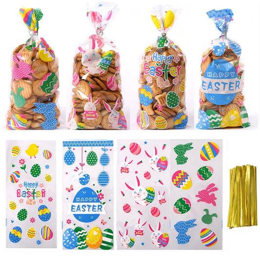 50pcs Cartoon Easter Candy Gift Bags Easter Treat Bag with Ties Easter Party Kids Gifts Cookie Packaging Supplies Basket Stuffer