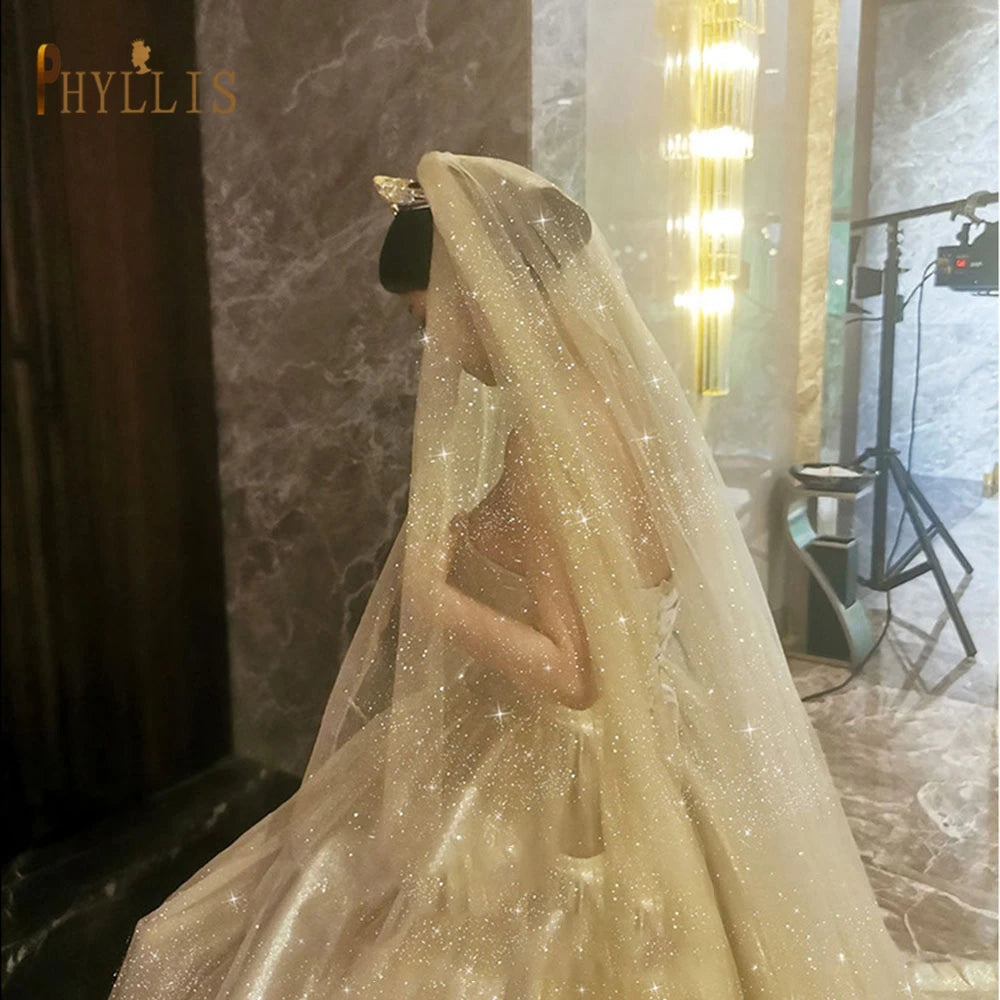 B58-D Luxury Cathedral Wedding Veil Bling Bling Bridal Veils Soft Single Tier Bridel Veil with Comb Glitters Wedding Accessories