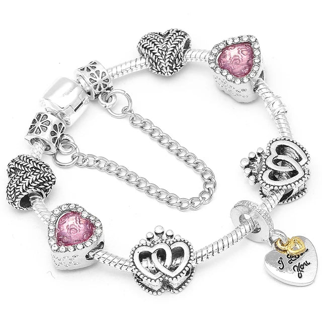 BAOPN European Pink Heart To Heart Beads Charm Bracelets For Women Fit Brand Bracelet & Bangle Couple Jewelry Dropshipping