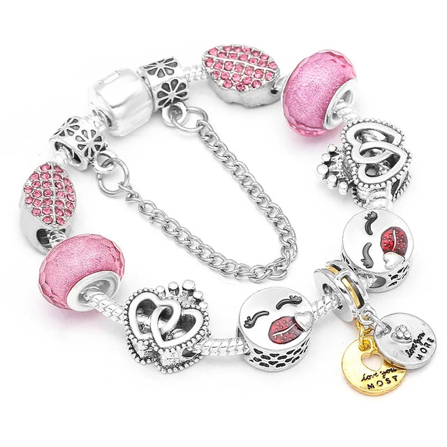 BAOPN European Pink Heart To Heart Beads Charm Bracelets For Women Fit Brand Bracelet & Bangle Couple Jewelry Dropshipping