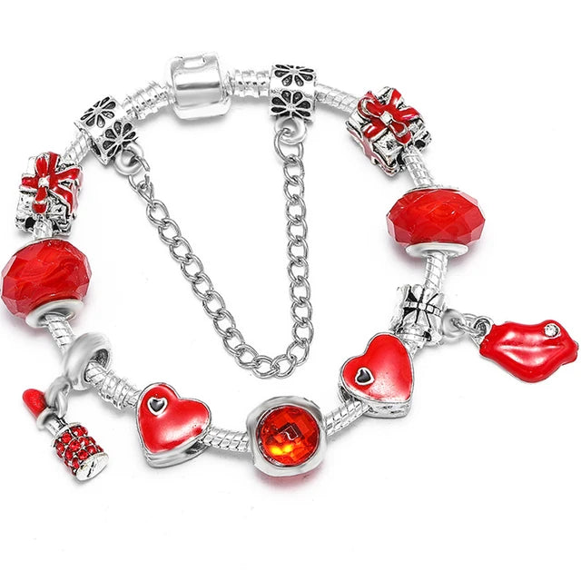 BAOPN European Pink Heart To Heart Beads Charm Bracelets For Women Fit Brand Bracelet & Bangle Couple Jewelry Dropshipping