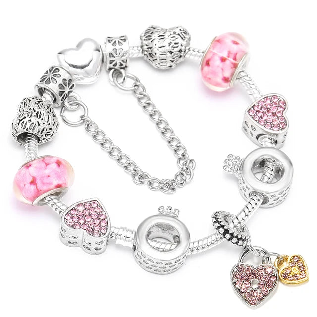 BAOPN European Pink Heart To Heart Beads Charm Bracelets For Women Fit Brand Bracelet & Bangle Couple Jewelry Dropshipping