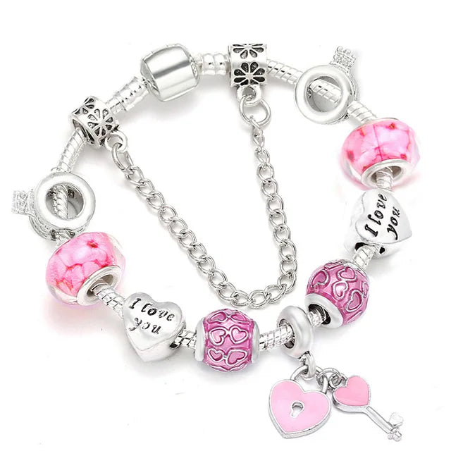 BAOPN European Pink Heart To Heart Beads Charm Bracelets For Women Fit Brand Bracelet & Bangle Couple Jewelry Dropshipping