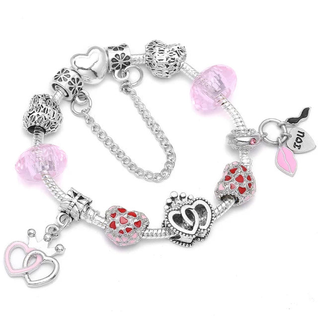 BAOPN European Pink Heart To Heart Beads Charm Bracelets For Women Fit Brand Bracelet & Bangle Couple Jewelry Dropshipping