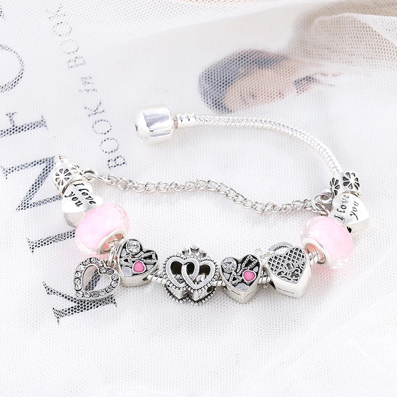 BAOPN European Pink Heart To Heart Beads Charm Bracelets For Women Fit Brand Bracelet & Bangle Couple Jewelry Dropshipping