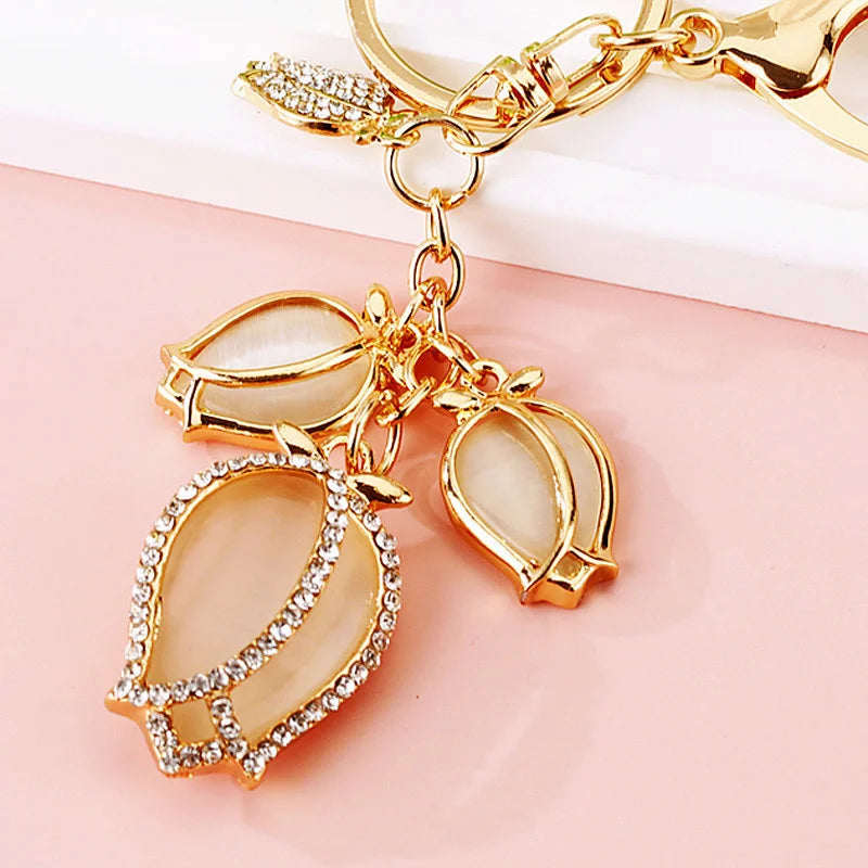 Big Rhinestone Flower Keychain Key Finder Chaveiro New Fashion Crystal Tulip Key Chain Bag Charm For Women