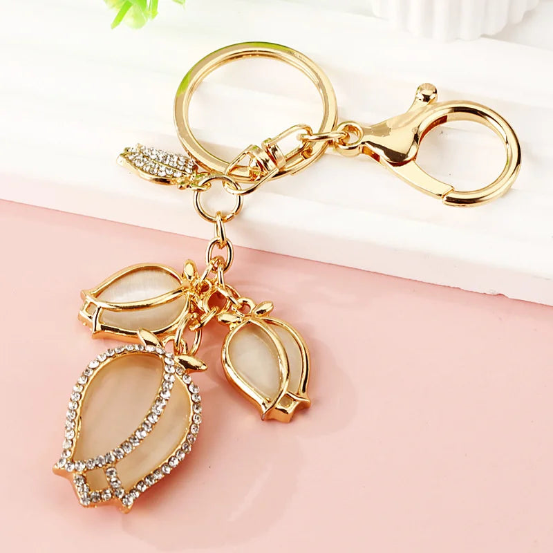 Big Rhinestone Flower Keychain Key Finder Chaveiro New Fashion Crystal Tulip Key Chain Bag Charm For Women