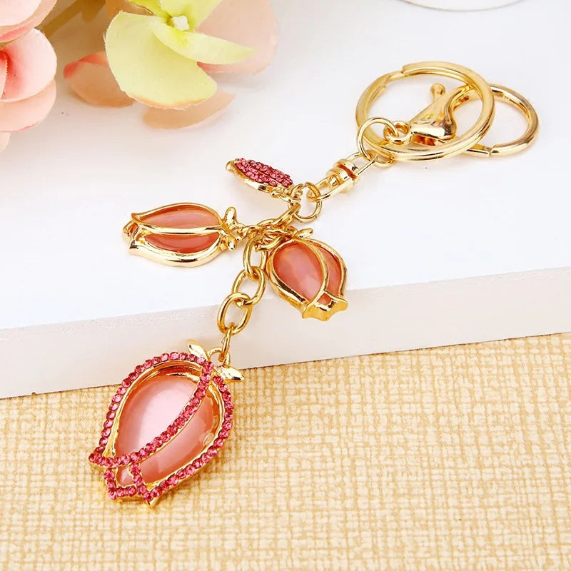 Big Rhinestone Flower Keychain Key Finder Chaveiro New Fashion Crystal Tulip Key Chain Bag Charm For Women