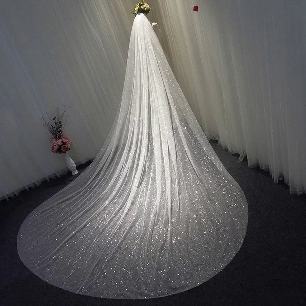 Bling Bling Bridal Veils Sparkly White Champagne Long Cathedral Glitters Wedding Veil With Comb 1 Tier velo de novia 350cm