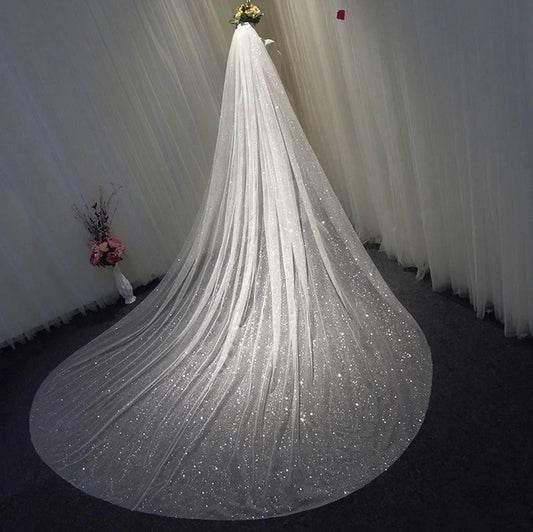 Bling Bling Bridal Veils Sparkly White Champagne Long Cathedral Glitters Wedding Veil With Comb 1 Tier velo de novia 350cm