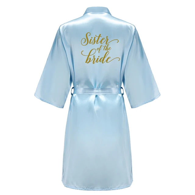 Blue Bride Bridesmaid Robe With Gold Letters Mother Sister Wedding Gift Bathrobe Satin Kimono