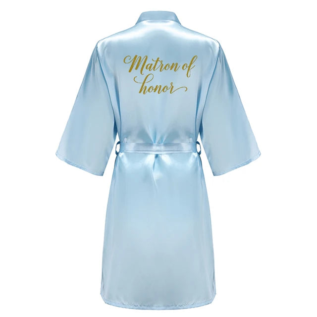 Blue Bride Bridesmaid Robe With Gold Letters Mother Sister Wedding Gift Bathrobe Satin Kimono