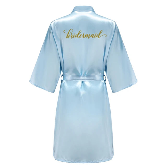 Blue Bride Bridesmaid Robe With Gold Letters Mother Sister Wedding Gift Bathrobe Satin Kimono