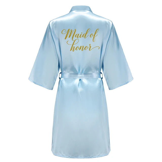 Blue Bride Bridesmaid Robe With Gold Letters Mother Sister Wedding Gift Bathrobe Satin Kimono