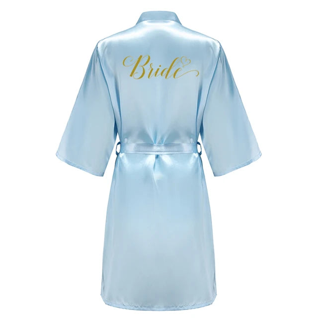 Blue Bride Bridesmaid Robe With Gold Letters Mother Sister Wedding Gift Bathrobe Satin Kimono