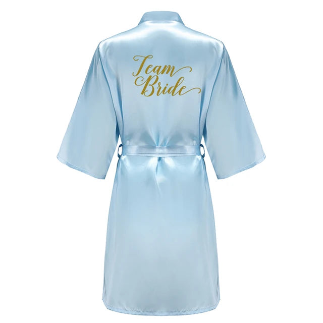 Blue Bride Bridesmaid Robe With Gold Letters Mother Sister Wedding Gift Bathrobe Satin Kimono