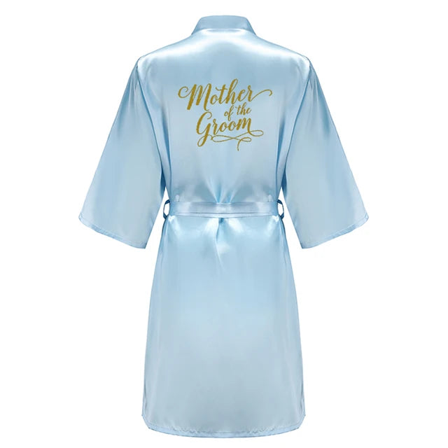 Blue Bride Bridesmaid Robe With Gold Letters Mother Sister Wedding Gift Bathrobe Satin Kimono