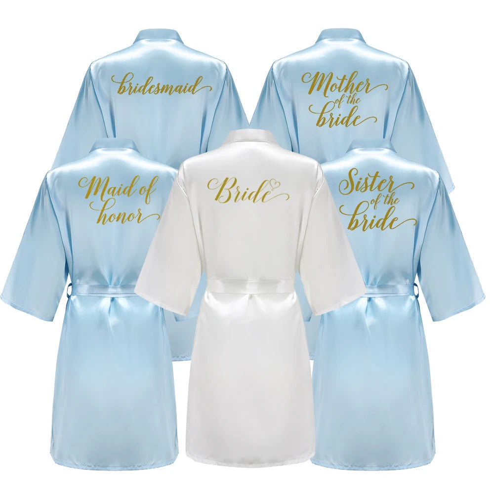 Blue Bride Bridesmaid Robe With Gold Letters Mother Sister Wedding Gift Bathrobe Satin Kimono