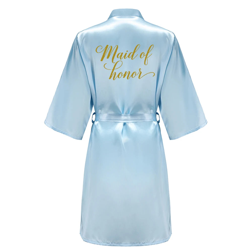 Blue Bride Bridesmaid Robe With Gold Letters Mother Sister Wedding Gift Bathrobe Satin Kimono