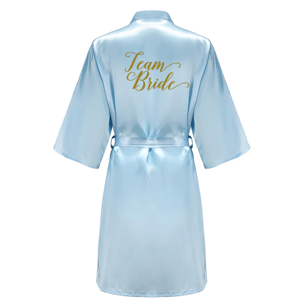 Blue Bride Bridesmaid Robe With Gold Letters Mother Sister Wedding Gift Bathrobe Satin Kimono