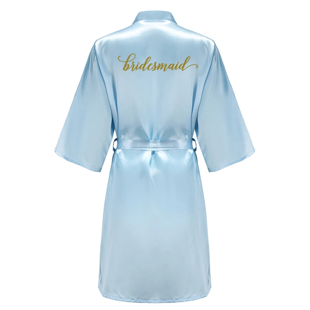 Blue Bride Bridesmaid Robe With Gold Letters Mother Sister Wedding Gift Bathrobe Satin Kimono