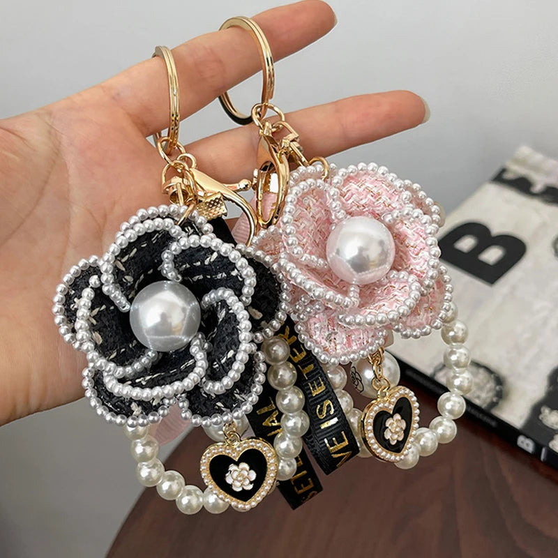 Boutique Pearl Chain Camellia Flower Weave Keychain Car Key Ring Bag Pendant Accessories Women Girl Keyring Gift