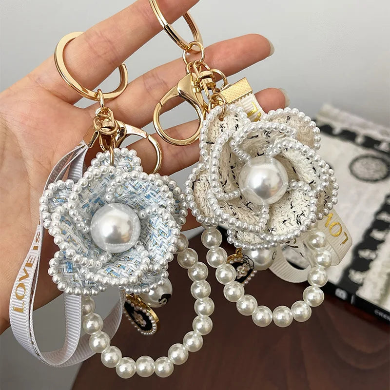 Boutique Pearl Chain Camellia Flower Weave Keychain Car Key Ring Bag Pendant Accessories Women Girl Keyring Gift