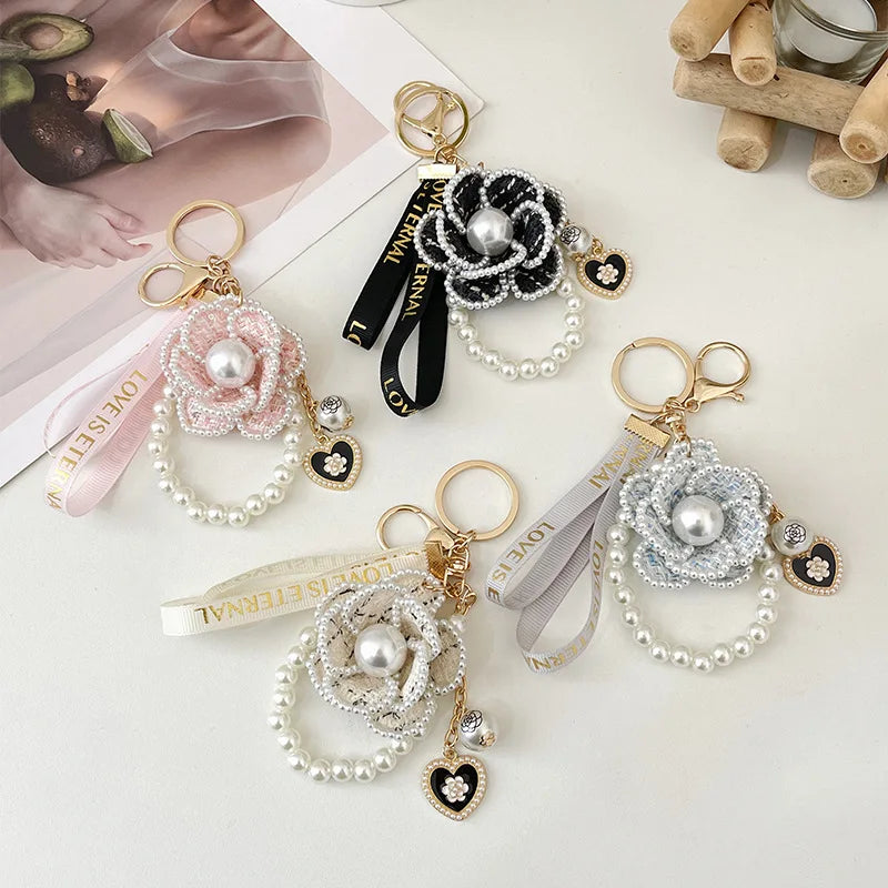 Boutique Pearl Chain Camellia Flower Weave Keychain Car Key Ring Bag Pendant Accessories Women Girl Keyring Gift