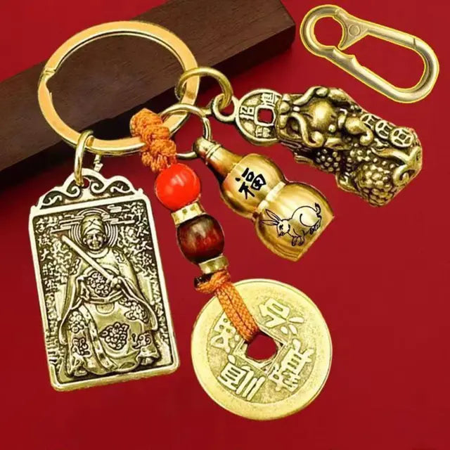 Brass Zodiac Keychain Geomantic Metal Amulet Five Emperors Money Eight Guardian God Pendant