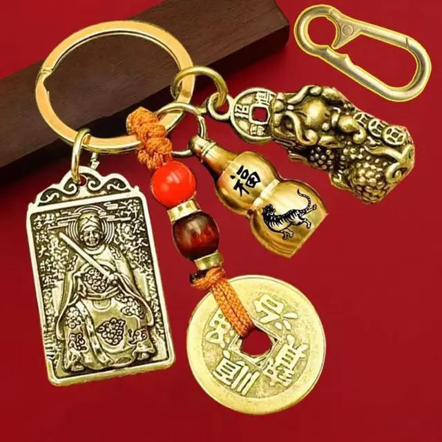 Brass Zodiac Keychain Geomantic Metal Amulet Five Emperors Money Eight Guardian God Pendant