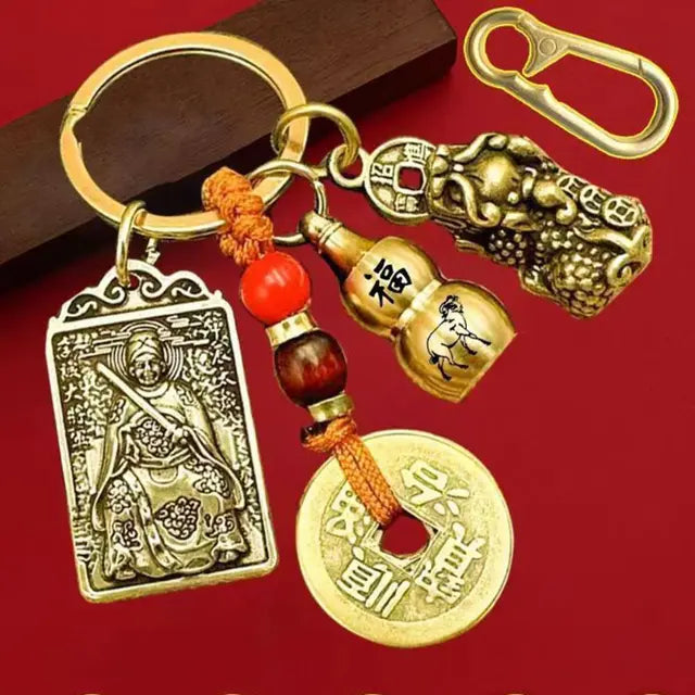 Brass Zodiac Keychain Geomantic Metal Amulet Five Emperors Money Eight Guardian God Pendant