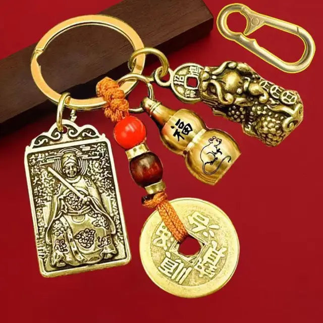 Brass Zodiac Keychain Geomantic Metal Amulet Five Emperors Money Eight Guardian God Pendant