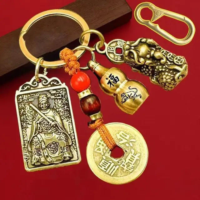 Brass Zodiac Keychain Geomantic Metal Amulet Five Emperors Money Eight Guardian God Pendant