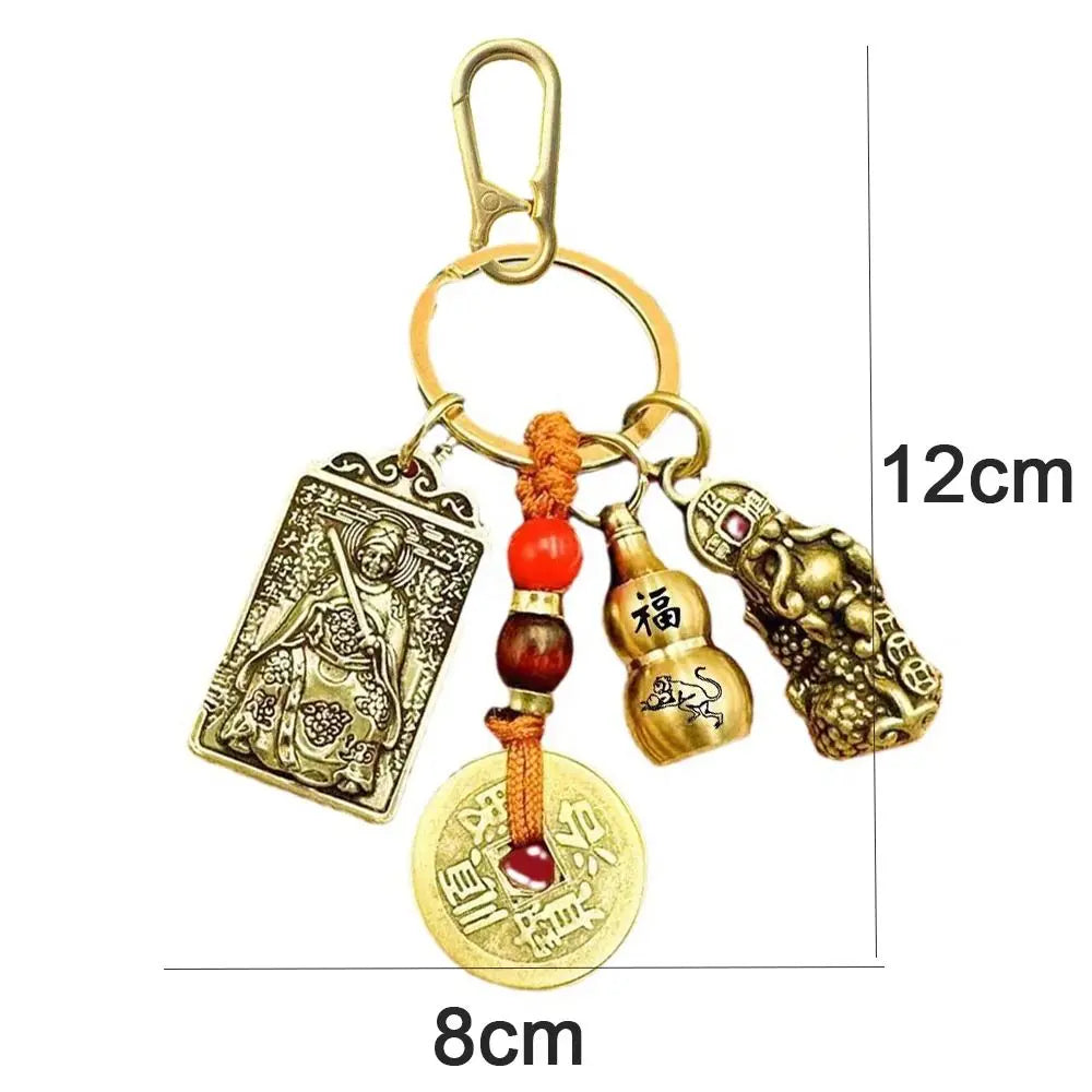 Brass Zodiac Keychain Geomantic Metal Amulet Five Emperors Money Eight Guardian God Pendant