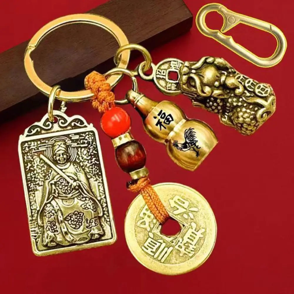 Brass Zodiac Keychain Geomantic Metal Amulet Five Emperors Money Eight Guardian God Pendant