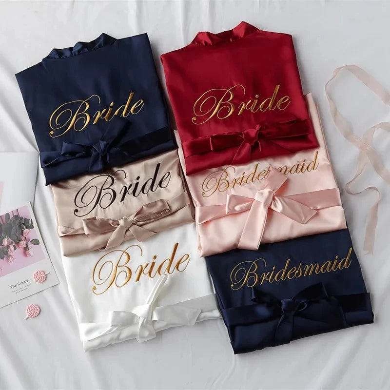 Bride Bridesmaid Wedding Robe Embroidery Kimono Bathrobe Gown Nightgown Casual Satin Short Women Sexy Nightwear Sleepwear