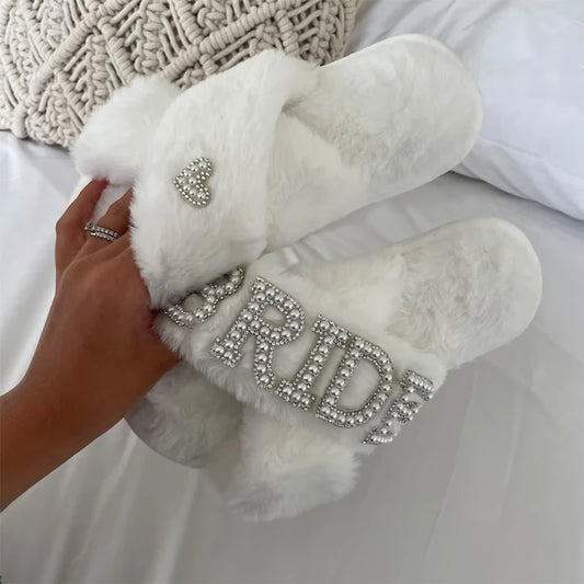 Bride to be white Fluffy Slippers Bridal Shower Wedding Honeymoon spa Sleepover Bachelorette hen do Party decoration Mrs Gift