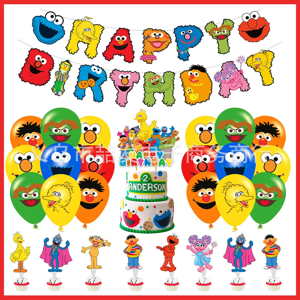 Cartoon SEsames Street Children's Birthday Party Decoration Tableware Tablecloth Baby Shower Balloon Cake Topper Banner Supplies