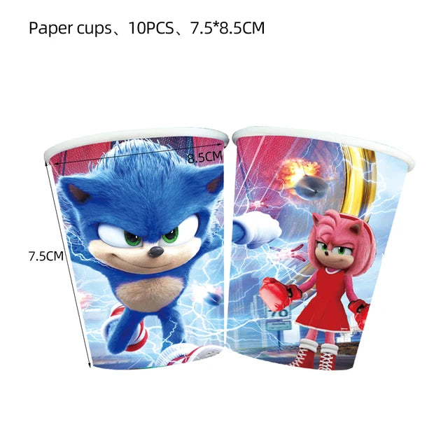 Cartoon Sonic Party Supplies Disposable Plates Tablecloth Cake Topper Banner for Kids Birthday Decorations Set Baby Shower