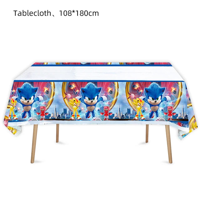 Cartoon Sonic Party Supplies Disposable Plates Tablecloth Cake Topper Banner for Kids Birthday Decorations Set Baby Shower