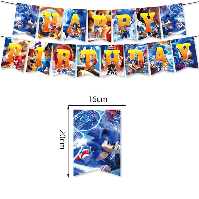 Cartoon Sonic Party Supplies Disposable Plates Tablecloth Cake Topper Banner for Kids Birthday Decorations Set Baby Shower