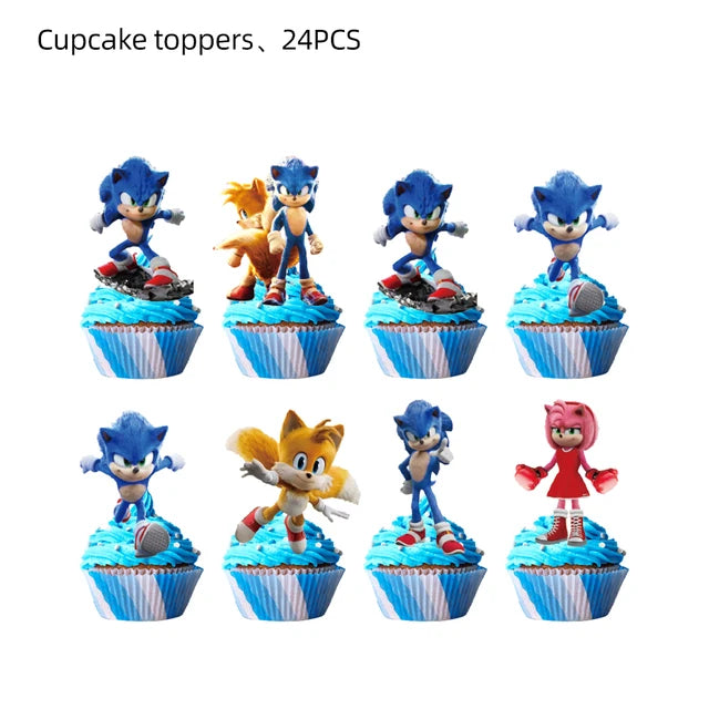 Cartoon Sonic Party Supplies Disposable Plates Tablecloth Cake Topper Banner for Kids Birthday Decorations Set Baby Shower