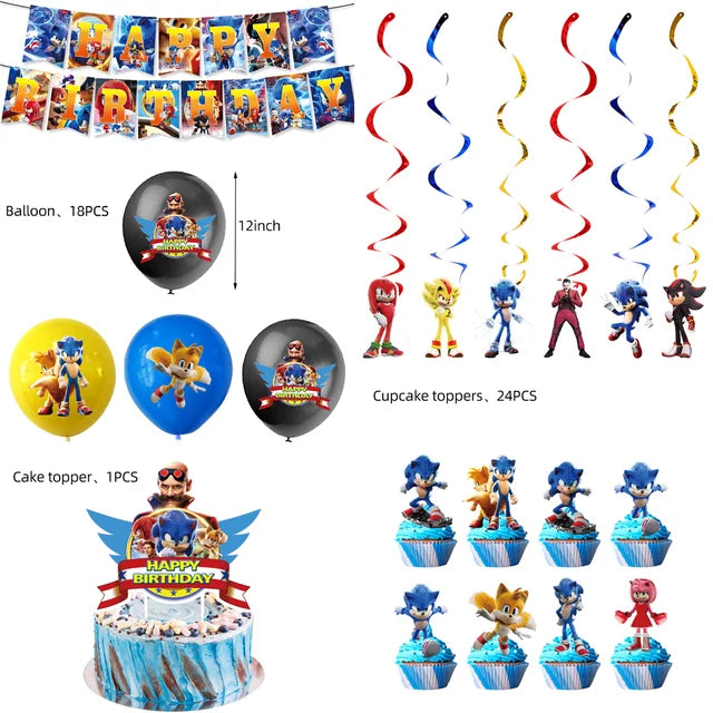 Cartoon Sonic Party Supplies Disposable Plates Tablecloth Cake Topper Banner for Kids Birthday Decorations Set Baby Shower