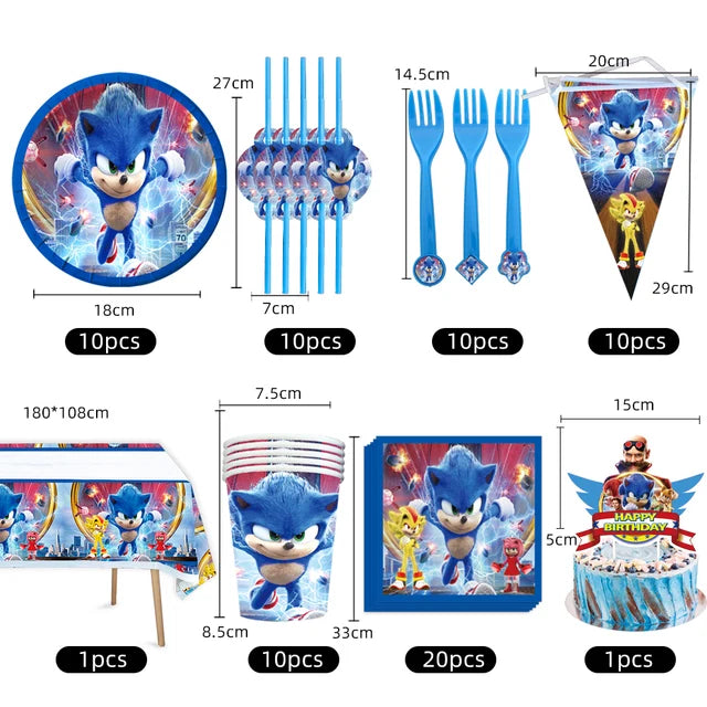 Cartoon Sonic Party Supplies Disposable Plates Tablecloth Cake Topper Banner for Kids Birthday Decorations Set Baby Shower