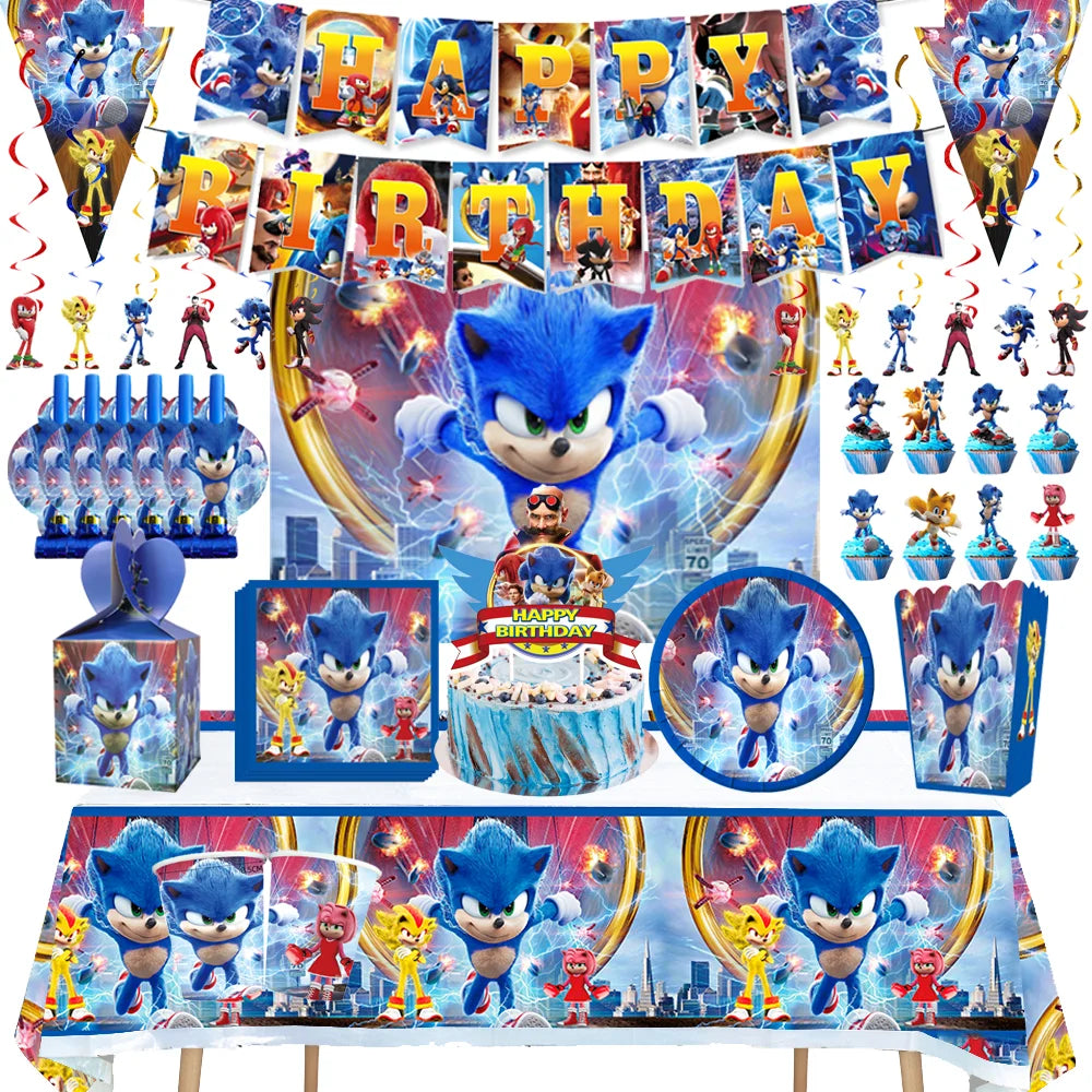 Cartoon Sonic Party Supplies Disposable Plates Tablecloth Cake Topper Banner for Kids Birthday Decorations Set Baby Shower