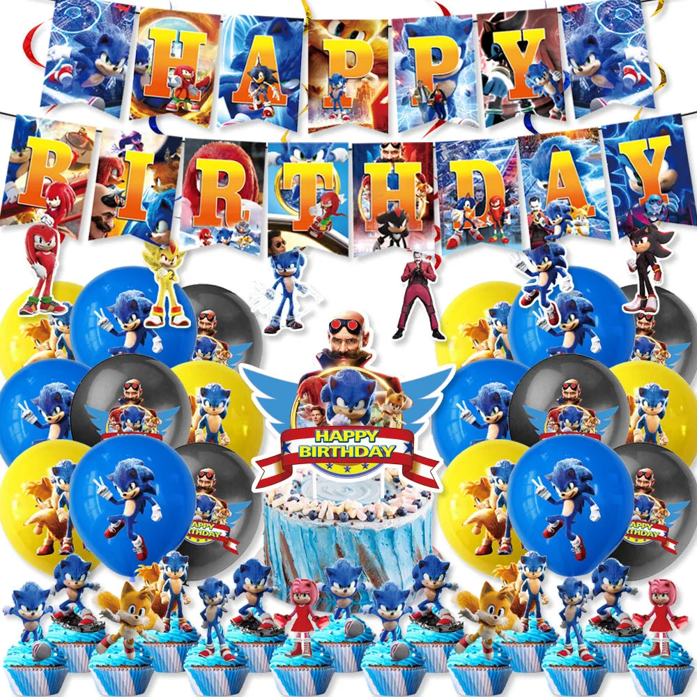 Cartoon Sonic Party Supplies Disposable Plates Tablecloth Cake Topper Banner for Kids Birthday Decorations Set Baby Shower