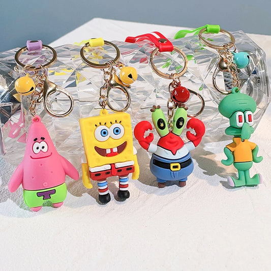 Cartoon SpongeBob SquarePants Silicone Keychain Figure Patrick Star Squidward Tentacles Keyring Car Key Holder Pendant