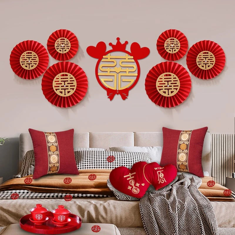 Chinese Style Red Wedding Fan Flower Hanging Paper Crafts Pompom Bedroom Living Room Wall Decor Origami Fan DIY Party Supplies