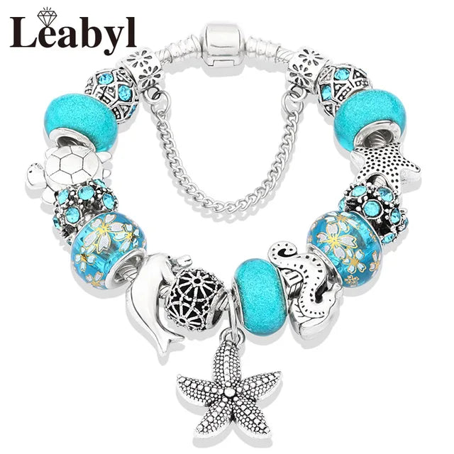 Classic Design Dolphin Charm Bracelets & Bangles for Women Jewelry Gift Blue Murano Crystal Glass Diy Bead Bracelets