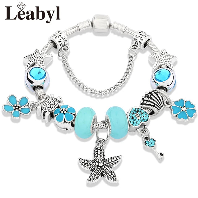 Classic Design Dolphin Charm Bracelets & Bangles for Women Jewelry Gift Blue Murano Crystal Glass Diy Bead Bracelets